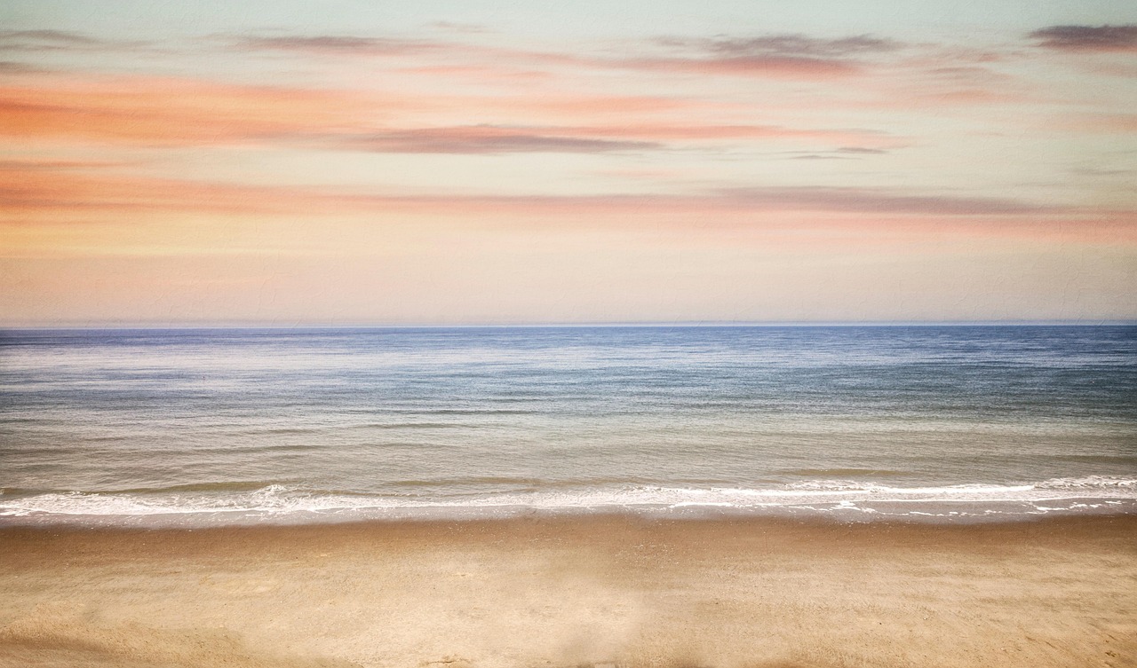 beach, coast, sea, sunrise, nature, seascape, horizon, sky, clouds, ocean, waves, seashore, sand, scenic, minimalist