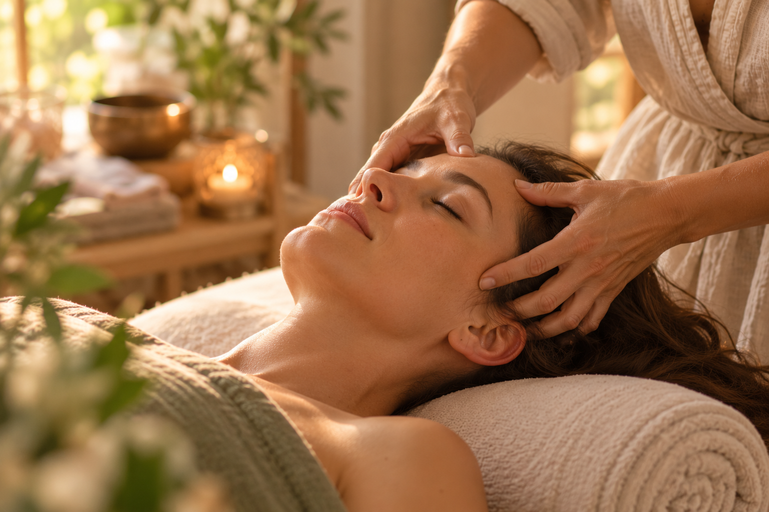 Massage de la tête et des tempes lors d