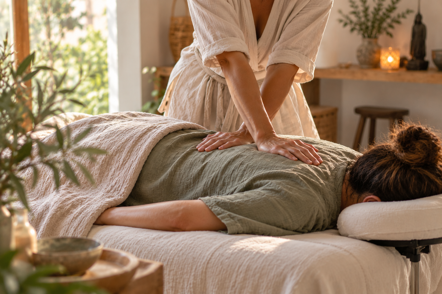 Séance de shiatsu pratiquée sur une table de massage
